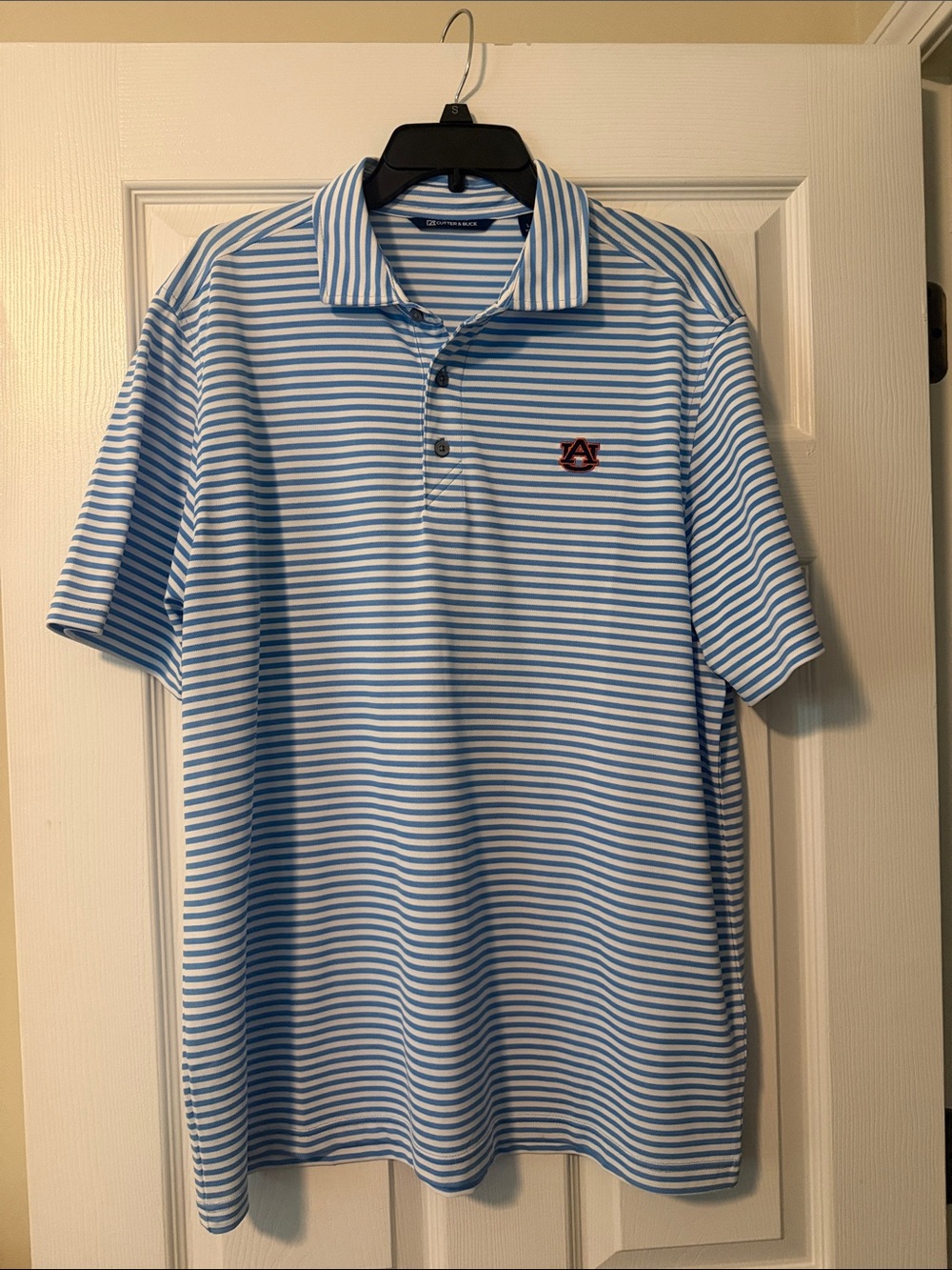 Cutter & Buck Blue and White Striped Polo with Auburn Logo